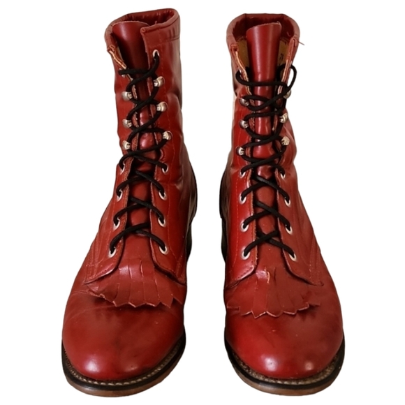 Laredo Shoes - Vintage 80s Laredo Red Leather Lace Up Cowboy Kiltie Roper Boots 7.5 Equestrian